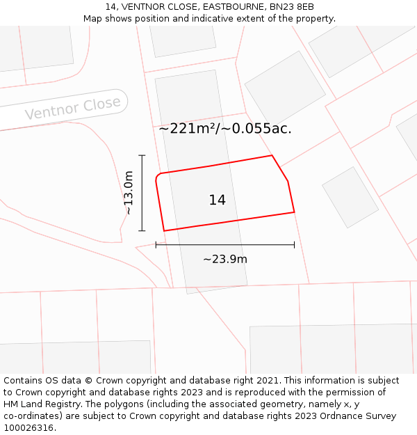 14, VENTNOR CLOSE, EASTBOURNE, BN23 8EB: Plot and title map