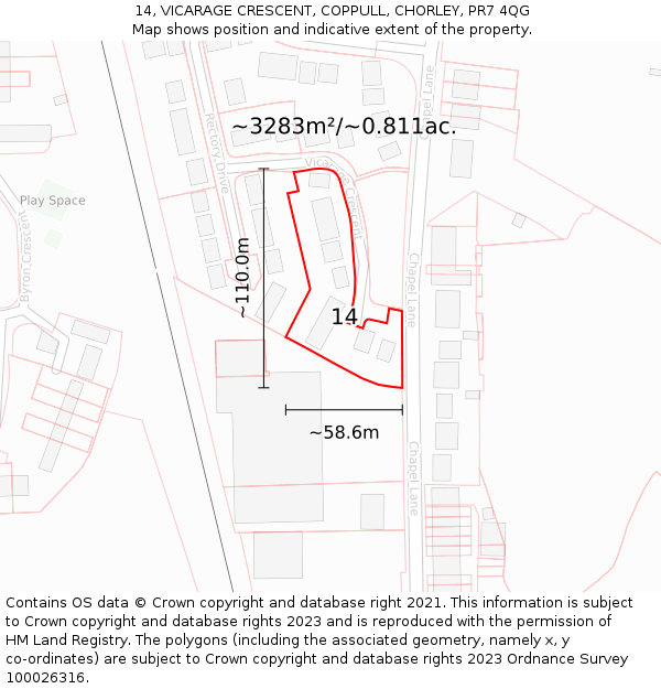 14, VICARAGE CRESCENT, COPPULL, CHORLEY, PR7 4QG: Plot and title map