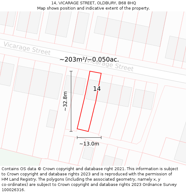 14, VICARAGE STREET, OLDBURY, B68 8HQ: Plot and title map
