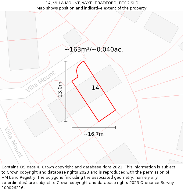 14, VILLA MOUNT, WYKE, BRADFORD, BD12 9LD: Plot and title map