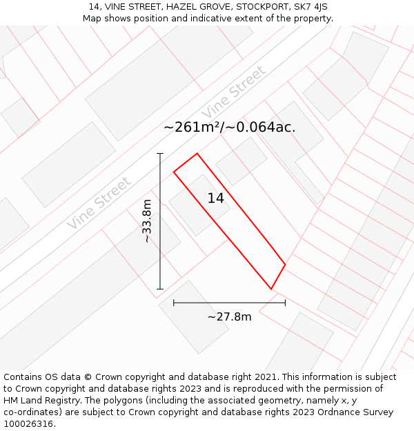 14, VINE STREET, HAZEL GROVE, STOCKPORT, SK7 4JS: Plot and title map
