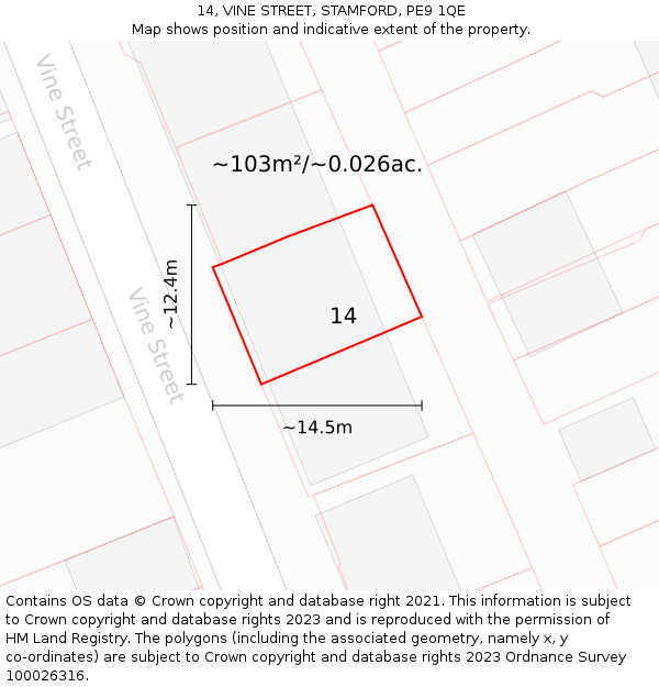 14, VINE STREET, STAMFORD, PE9 1QE: Plot and title map