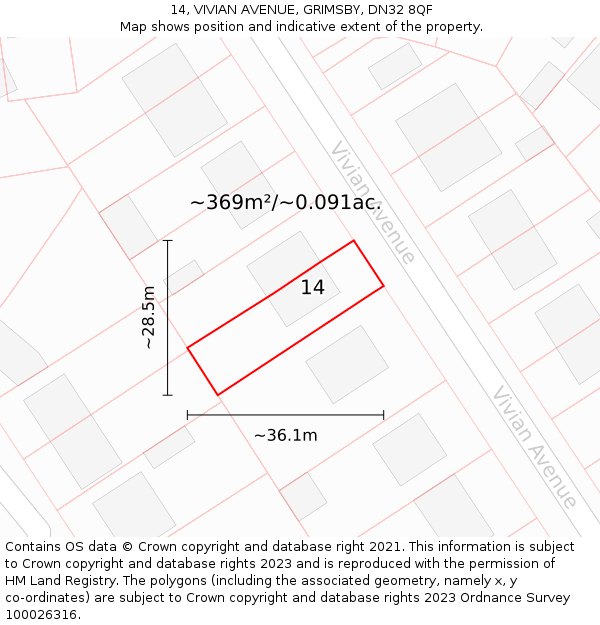14, VIVIAN AVENUE, GRIMSBY, DN32 8QF: Plot and title map