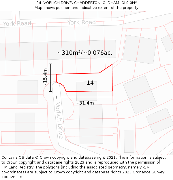 14, VORLICH DRIVE, CHADDERTON, OLDHAM, OL9 0NY: Plot and title map