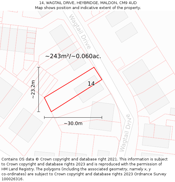 14, WAGTAIL DRIVE, HEYBRIDGE, MALDON, CM9 4UD: Plot and title map