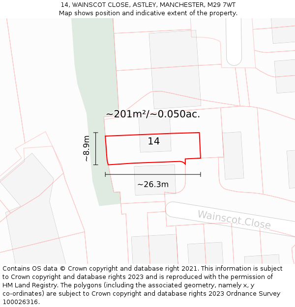 14, WAINSCOT CLOSE, ASTLEY, MANCHESTER, M29 7WT: Plot and title map