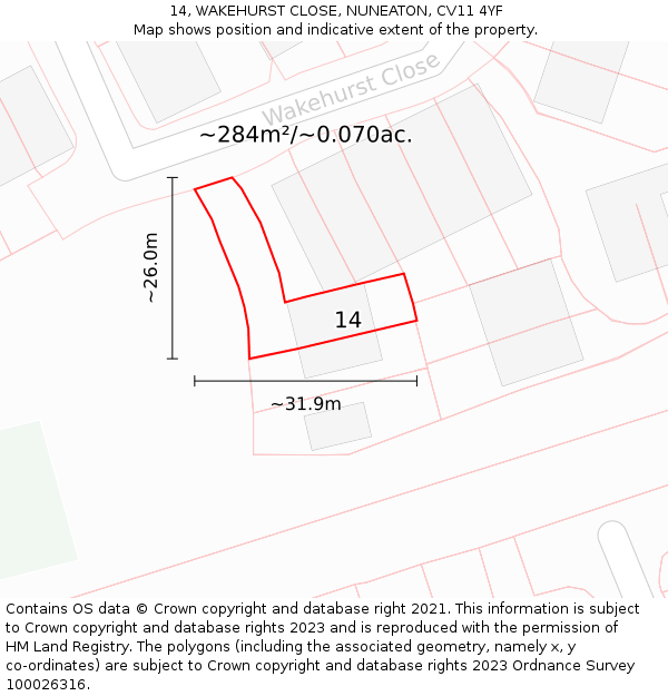 14, WAKEHURST CLOSE, NUNEATON, CV11 4YF: Plot and title map