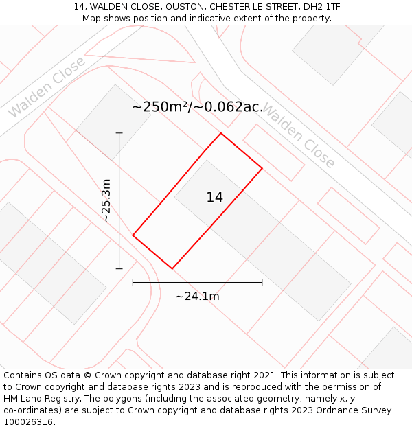 14, WALDEN CLOSE, OUSTON, CHESTER LE STREET, DH2 1TF: Plot and title map