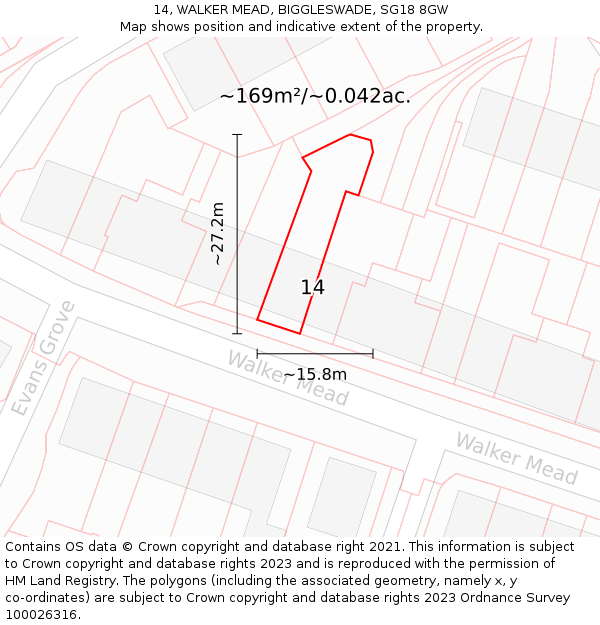 14, WALKER MEAD, BIGGLESWADE, SG18 8GW: Plot and title map