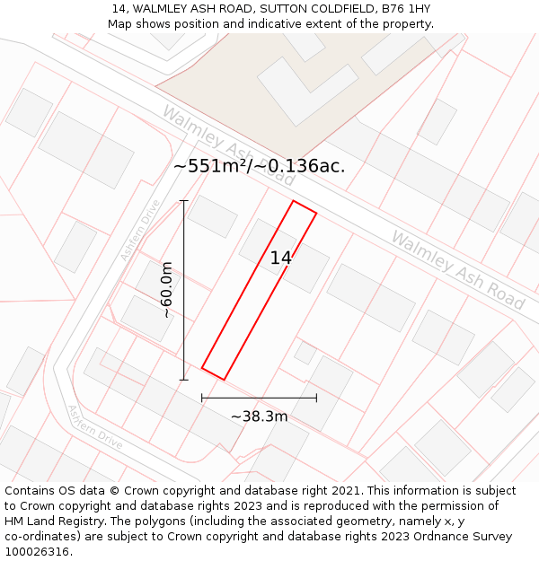 14, WALMLEY ASH ROAD, SUTTON COLDFIELD, B76 1HY: Plot and title map