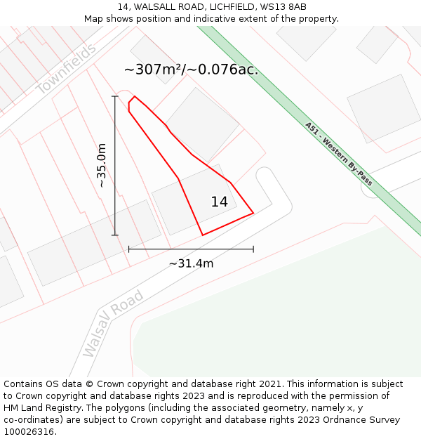 14, WALSALL ROAD, LICHFIELD, WS13 8AB: Plot and title map