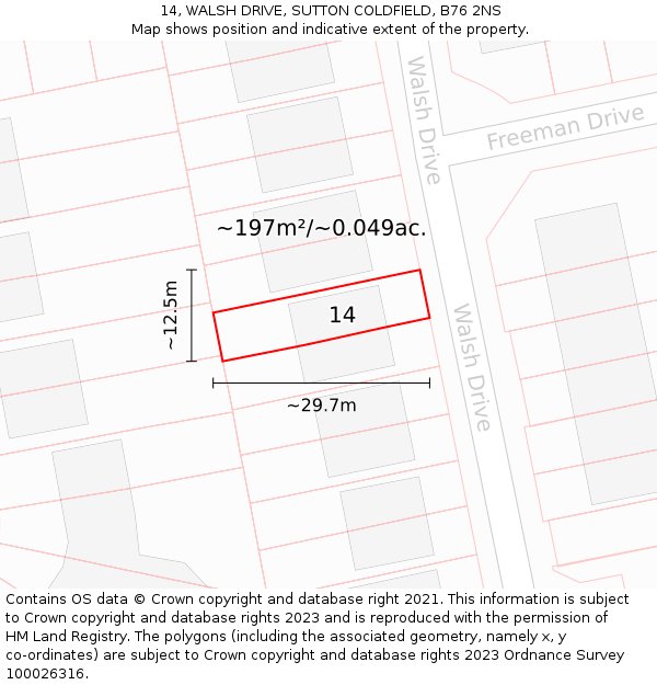 14, WALSH DRIVE, SUTTON COLDFIELD, B76 2NS: Plot and title map