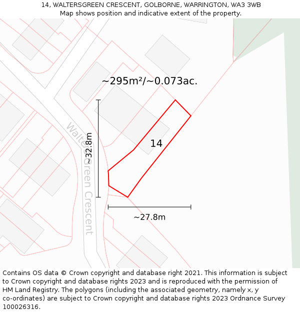 14, WALTERSGREEN CRESCENT, GOLBORNE, WARRINGTON, WA3 3WB: Plot and title map