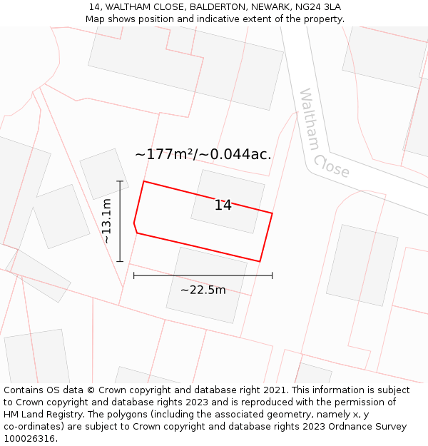 14, WALTHAM CLOSE, BALDERTON, NEWARK, NG24 3LA: Plot and title map