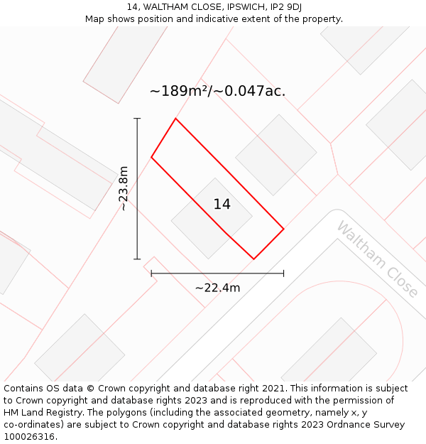 14, WALTHAM CLOSE, IPSWICH, IP2 9DJ: Plot and title map