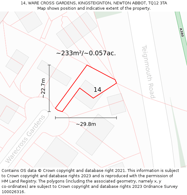 14, WARE CROSS GARDENS, KINGSTEIGNTON, NEWTON ABBOT, TQ12 3TA: Plot and title map