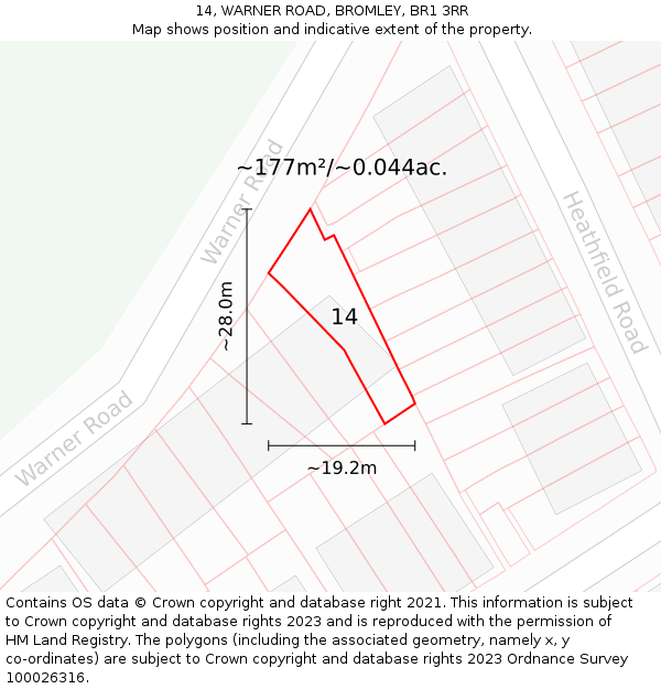 14, WARNER ROAD, BROMLEY, BR1 3RR: Plot and title map