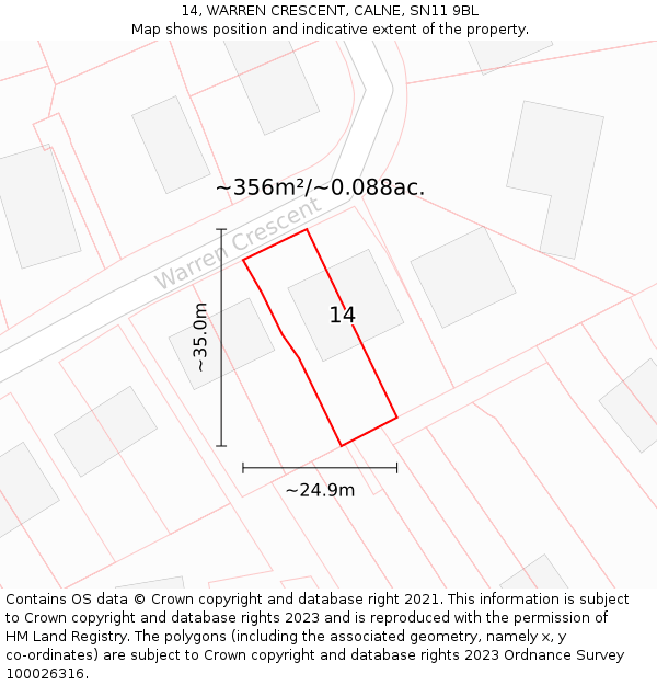 14, WARREN CRESCENT, CALNE, SN11 9BL: Plot and title map