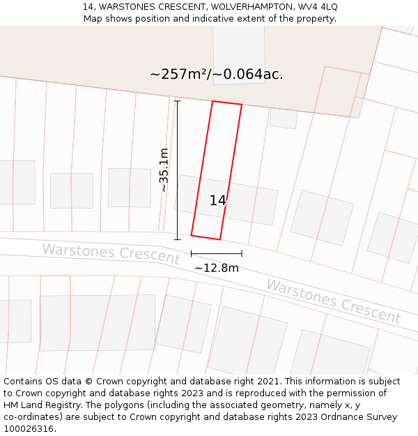 14, WARSTONES CRESCENT, WOLVERHAMPTON, WV4 4LQ: Plot and title map