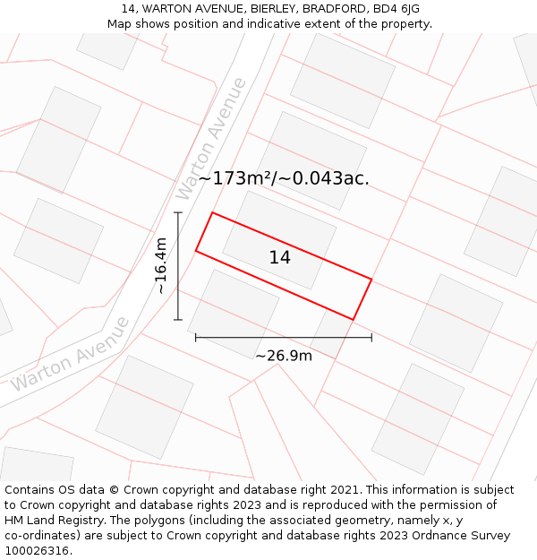 14, WARTON AVENUE, BIERLEY, BRADFORD, BD4 6JG: Plot and title map