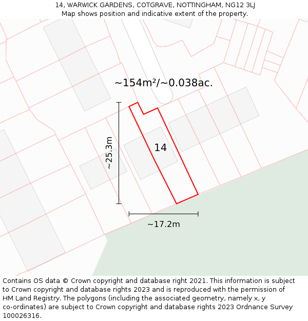 14, WARWICK GARDENS, COTGRAVE, NOTTINGHAM, NG12 3LJ: Plot and title map
