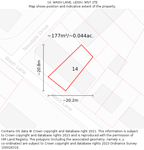14, WASH LANE, LEIGH, WN7 2TE: Plot and title map