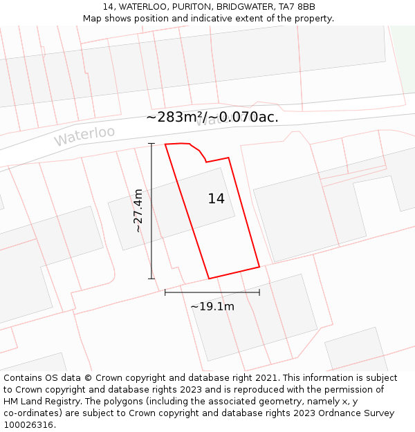 14, WATERLOO, PURITON, BRIDGWATER, TA7 8BB: Plot and title map