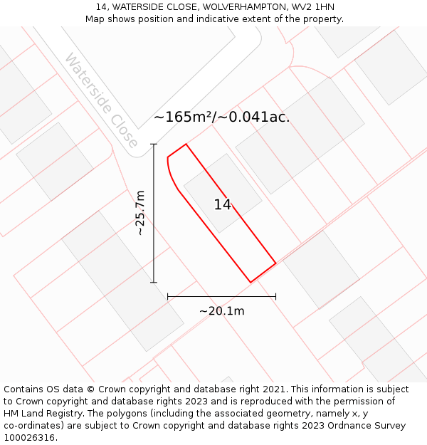14, WATERSIDE CLOSE, WOLVERHAMPTON, WV2 1HN: Plot and title map