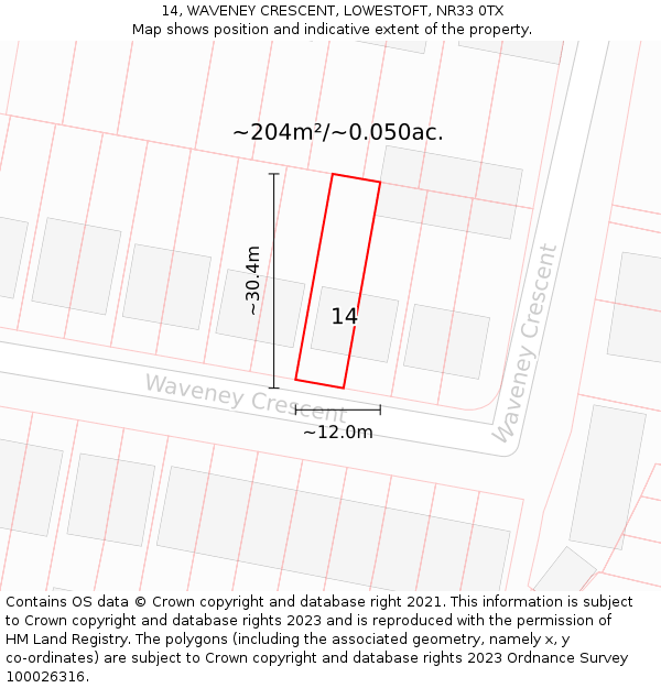 14, WAVENEY CRESCENT, LOWESTOFT, NR33 0TX: Plot and title map