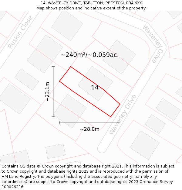 14, WAVERLEY DRIVE, TARLETON, PRESTON, PR4 6XX: Plot and title map