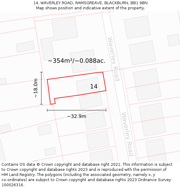 14, WAVERLEY ROAD, RAMSGREAVE, BLACKBURN, BB1 9BN: Plot and title map