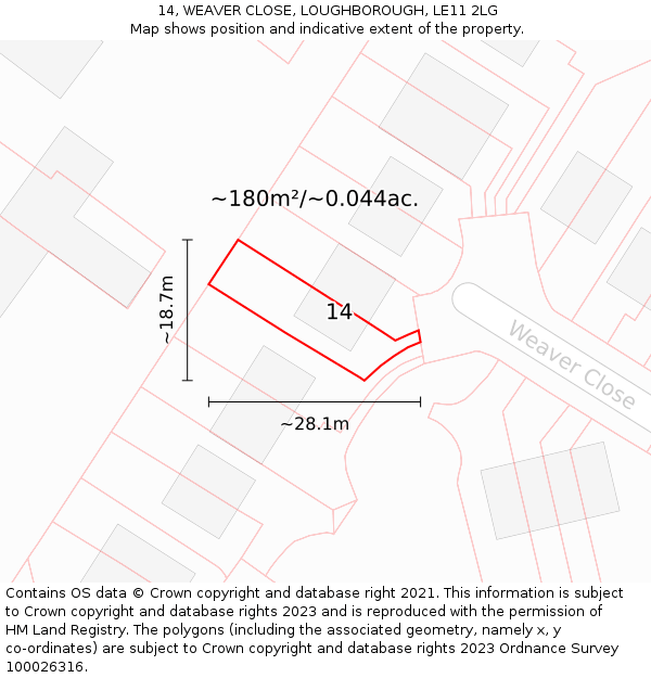 14, WEAVER CLOSE, LOUGHBOROUGH, LE11 2LG: Plot and title map