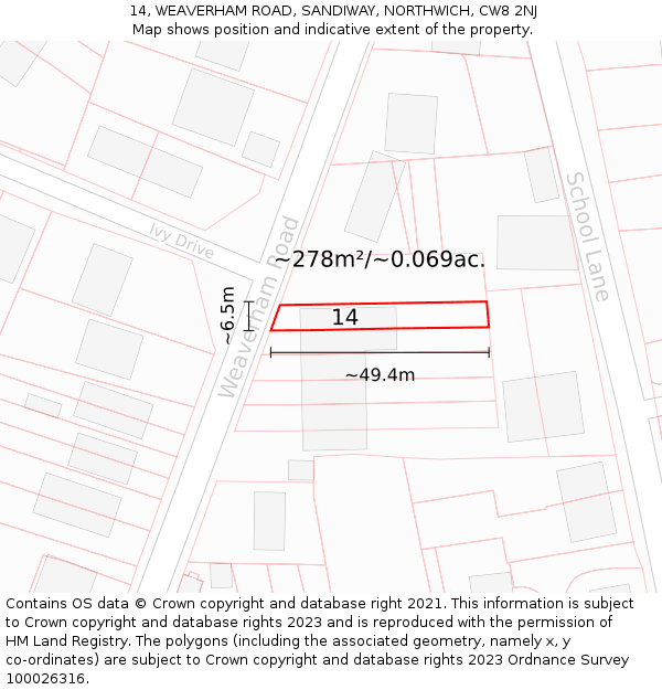 14, WEAVERHAM ROAD, SANDIWAY, NORTHWICH, CW8 2NJ: Plot and title map