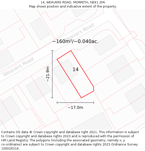 14, WEAVERS ROAD, MORPETH, NE61 2FA: Plot and title map