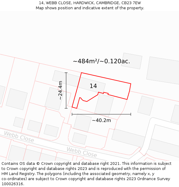 14, WEBB CLOSE, HARDWICK, CAMBRIDGE, CB23 7EW: Plot and title map