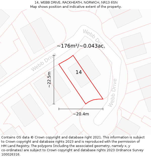 14, WEBB DRIVE, RACKHEATH, NORWICH, NR13 6SN: Plot and title map