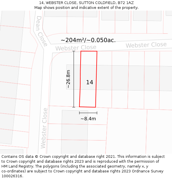 14, WEBSTER CLOSE, SUTTON COLDFIELD, B72 1AZ: Plot and title map