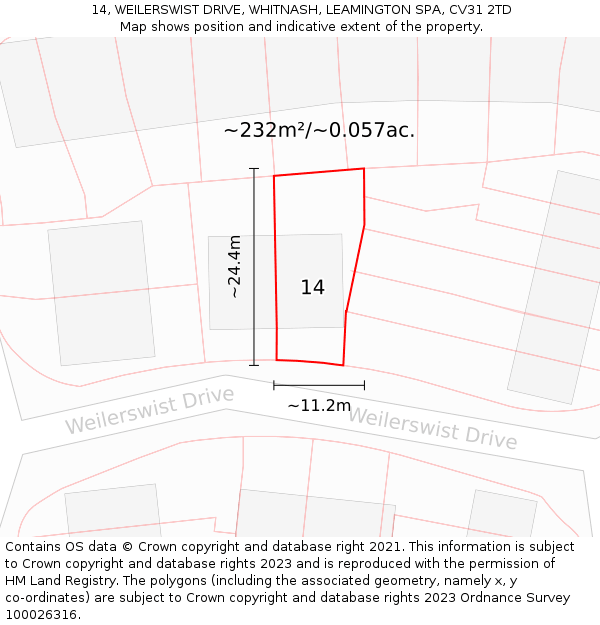 14, WEILERSWIST DRIVE, WHITNASH, LEAMINGTON SPA, CV31 2TD: Plot and title map