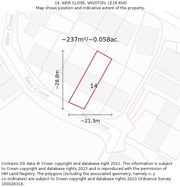 14, WEIR CLOSE, WIGSTON, LE18 4NG: Plot and title map