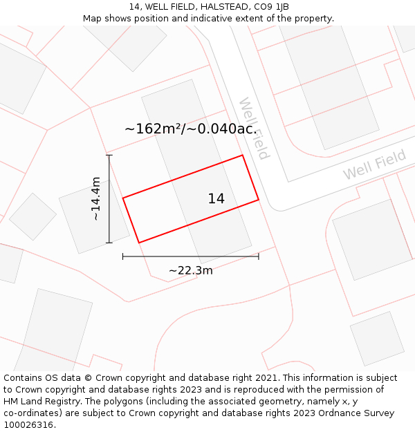 14, WELL FIELD, HALSTEAD, CO9 1JB: Plot and title map