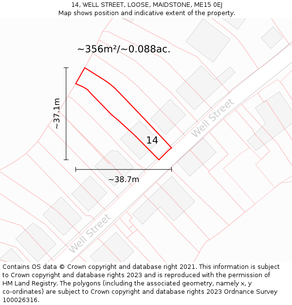 14, WELL STREET, LOOSE, MAIDSTONE, ME15 0EJ: Plot and title map