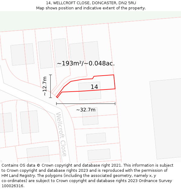 14, WELLCROFT CLOSE, DONCASTER, DN2 5RU: Plot and title map
