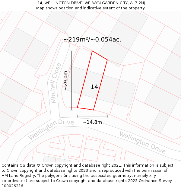 14, WELLINGTON DRIVE, WELWYN GARDEN CITY, AL7 2NJ: Plot and title map