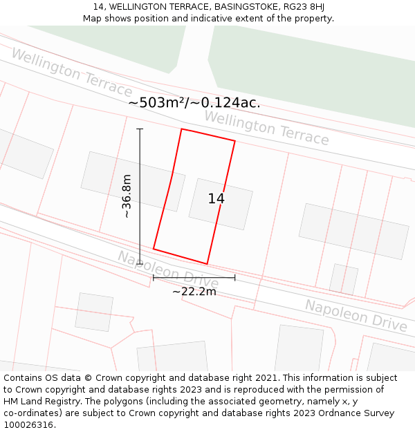 14, WELLINGTON TERRACE, BASINGSTOKE, RG23 8HJ: Plot and title map