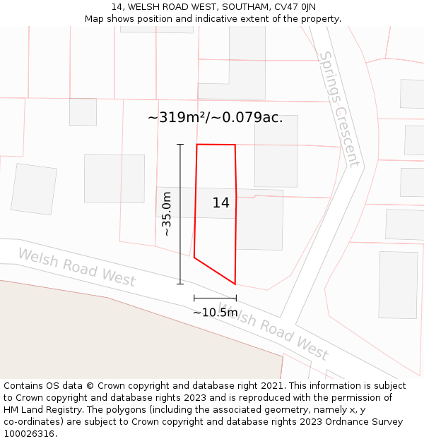 14, WELSH ROAD WEST, SOUTHAM, CV47 0JN: Plot and title map