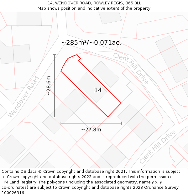 14, WENDOVER ROAD, ROWLEY REGIS, B65 8LL: Plot and title map