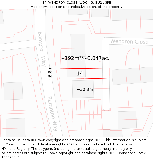 14, WENDRON CLOSE, WOKING, GU21 3PB: Plot and title map