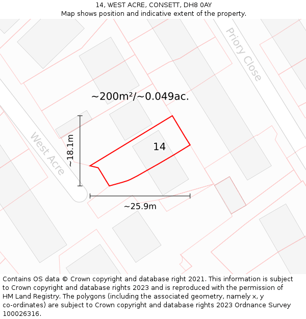 14, WEST ACRE, CONSETT, DH8 0AY: Plot and title map