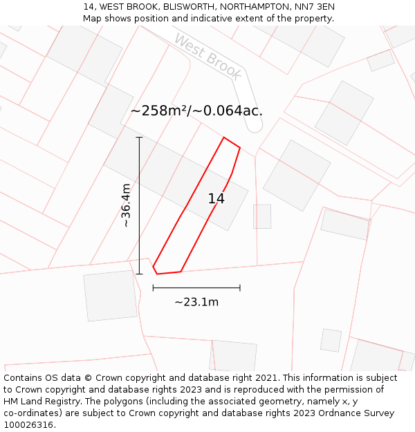 14, WEST BROOK, BLISWORTH, NORTHAMPTON, NN7 3EN: Plot and title map