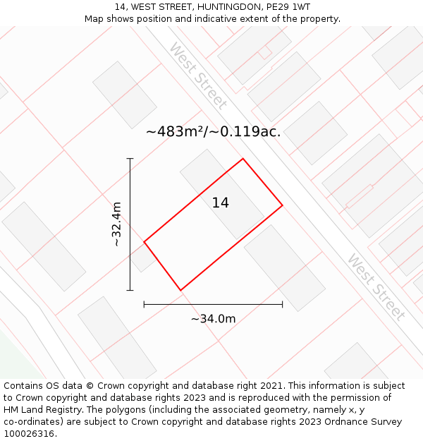 14, WEST STREET, HUNTINGDON, PE29 1WT: Plot and title map